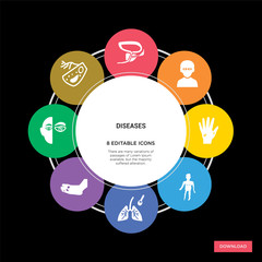 8 diseases concept icons infographic design. diseases concept infographic design on black background