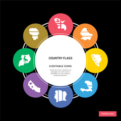 8 country flags concept icons infographic design. country flags concept infographic design on black background