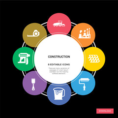 8 construction concept icons infographic design. construction concept infographic design on black background
