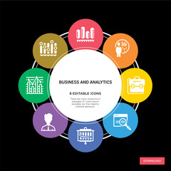 8 business and analytics concept icons infographic design. business and analytics concept infographic design on black background