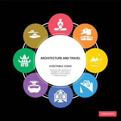 8 architecture and travel concept icons infographic design. architecture and travel concept infographic design on black background