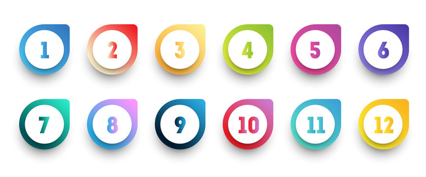 Colorful gradient arrow bullet point set with number from 1 to 12.
