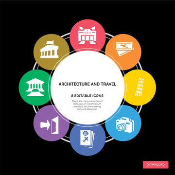 8 architecture and travel concept icons infographic design. architecture and travel concept infographic design on black background