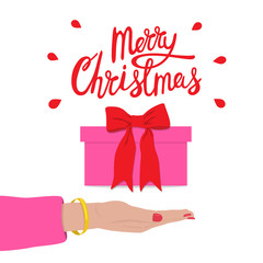 Obraz na płótnie Canvas Merry Christmas congratulation. Female hand holding gift box with bow. Holiday sale. Hand drawn vector illustration.