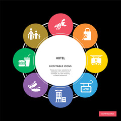 8 hotel concept icons infographic design. hotel concept infographic design on black background