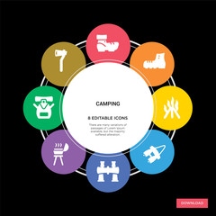 8 camping concept icons infographic design. camping concept infographic design on black background