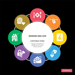 8 wedding and love concept icons infographic design. wedding and love concept infographic design on black background