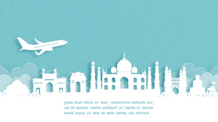 Travel poster with Welcome to Agra, India famous landmark in paper cut style vector illustration.