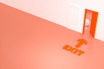 Orange door open with skull hidden in orange room on white background 3d rendering. 3d illustration of a room with a closed white door and fake exit sign to opened orange door. Halloween Festival.