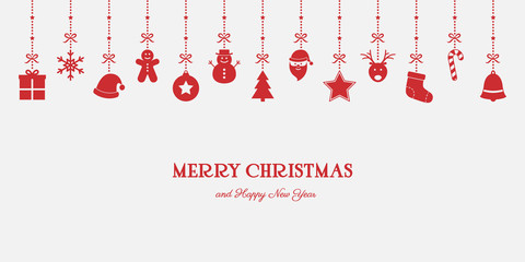 Xmas background with decorations. Hanging Christmas icons with text. Vector