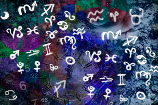 Astrological symbols of zodiac signs on blue background