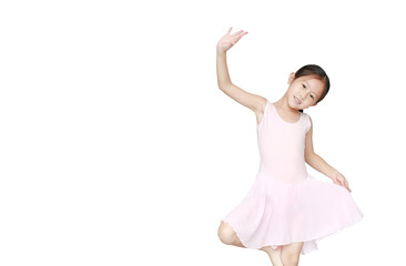 Cute little Asian child girl ballerina in pink tutu skirt isolated on white background. Kid practise her dance. Children ballet dancer.