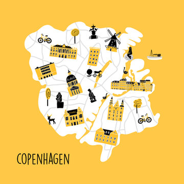 Vector srtylezed map of Copenhagen with different attractions.
