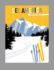 Fototapeta Retro style travel poster design for the United States.  Downhill skiing in the mountains. Limited colors, no gradients. obraz