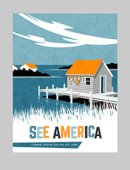 Retro style travel poster design for the United States.  Scenic image of boathouse on east coast. Limited colors, no gradients. - obrazy, fototapety, plakaty