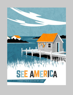 Retro style travel poster design for the United States.  Scenic image of boathouse on east coast. Limited colors, no gradients.