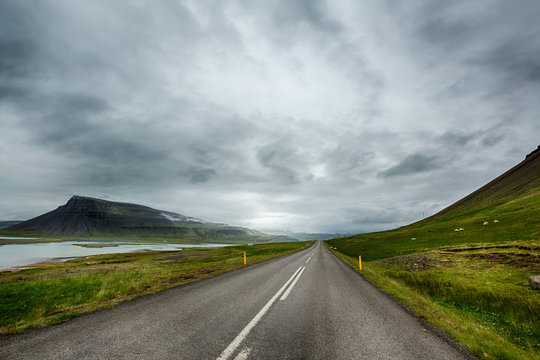 Picture beautiful view of empty road at Westfjords in Iceland, Season summertime