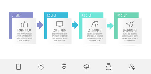 Vector infographic flat template. Rectangles with arrows for four diagrams, graph, flowchart, timeline, marketing, presentation. Business concept with 4 labels