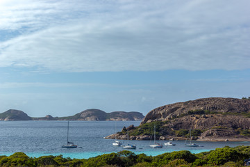 boats are on anchor at lucky bay. Overlooking Lucky Bay in Cape Le Grand National Park, Esperance, Australia