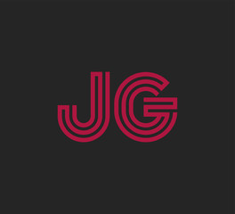 Initial two letter red line shape logo on black vector JG
