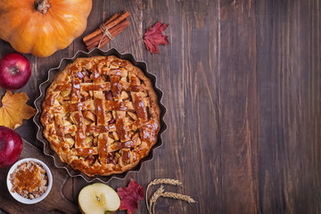 Thanksgiving day composition with homemade apple pie , apples, pumpkin and autumn leaves