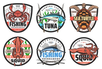 Fishing and fisher club icons, labels, symbols