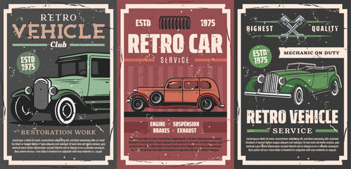 Retro car mechanic service, motor club - obrazy, fototapety, plakaty