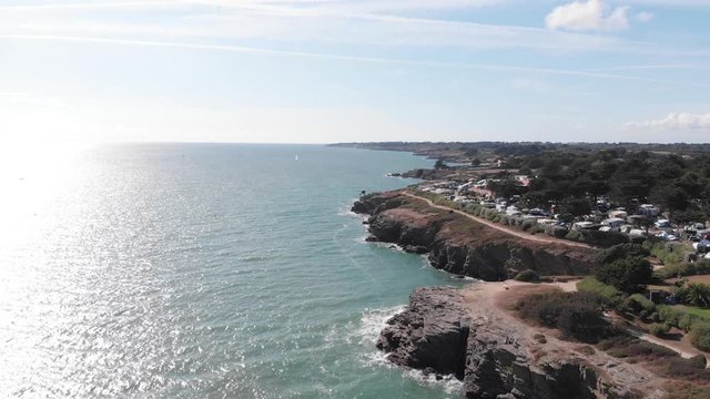 Beautiful aerial drone view of atlantic ocean coastal line in France, Sainte Marie de la mer, France, 26.9.19