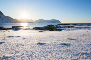 Fototapeta premium Evening mood at beautiful beach on Lofoten islands in winter