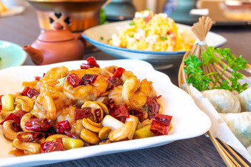 Sichuan spicy stir-fried prawns with cashew nuts. Chinese Food photography. 