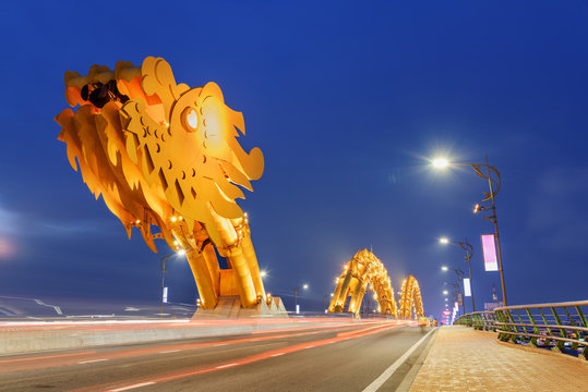 Beautiful evening view of the Dragon Bridge in Danang, Vietnam