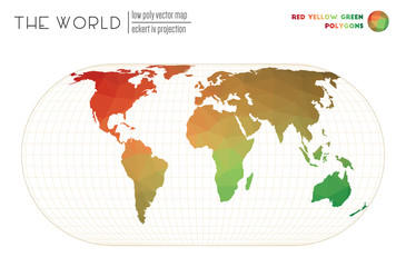 Triangular mesh of the world. Eckert IV projection of the world. Red Yellow Green colored polygons. Neat vector illustration.