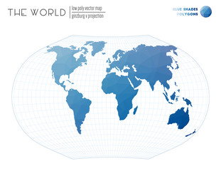 Abstract geometric world map. Ginzburg V projection of the world. Blue shades colored polygons. Neat vector illustration.
