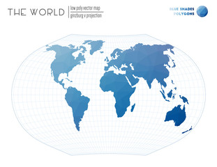 Abstract geometric world map. Ginzburg V projection of the world. Blue Shades colored polygons. Neat vector illustration.