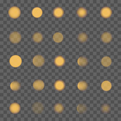 Set of glowing defocused lights on transparent background. Vector