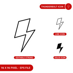 Thunderbolt icons set vector illustration with solid icon line style. David bowie bolt concept. Editable stroke icon on isolated background for web design, infographic and UI mobile app. - obrazy, fototapety, plakaty