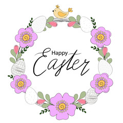 Vector Happy Easter wreath with doodle flowers with space for text. Festive round template with hand-drawn elements: eggs, pastel pink spring flowers, singing bird.