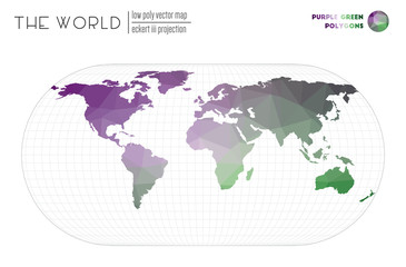 Abstract geometric world map. Eckert III projection of the world. Purple Green colored polygons. Energetic vector illustration.