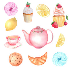 Watercolor hand drawn tea party set: pink teapot, cup, cupcake, lemon, bisquit, cookie, marshmallow, croissant on the white background