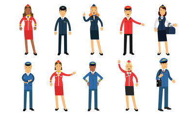 Service Staff. Flight Attendants And Pilots In Various Poses And Uniforms Vector Illustration Set Isolated On White Background