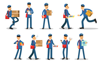 Daily Routine Of Postman In Uniform. Delivery Letters And Parcels. Vector Illustration Set Isolated On White Background