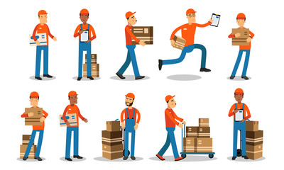 Fototapeta na wymiar Delivery Service Workers Pick Up Orders From The Warehouse And Bring It To Customers Vector Illustration Set Isolated On White Background