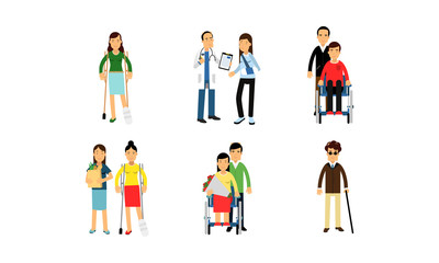 Physically Handicapped Characters With Doctors Or Friends In Daily Life Vector Illustration Set Isolated On White Background