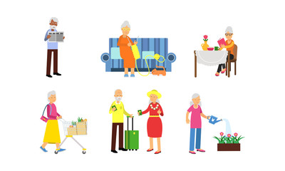 Actions Of Active Retired Characters In Vector Illustration Set Isolated On White Background