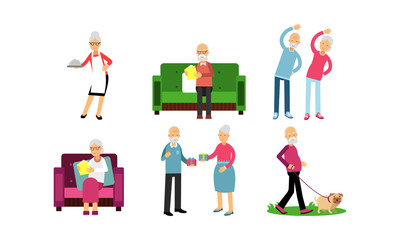 Retired Active Life In Different Actions Vector Illustration Set Isolated On White Background