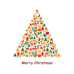 Christmas vector background with flat icons. Christmas tree.