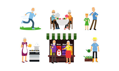 Pensioners Daily Activity In Different Actions Vector Illustration Set Isolated On White Background