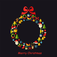 Vector Merry Christmas flat style illustration with Christmas wreath. Happy New year background.