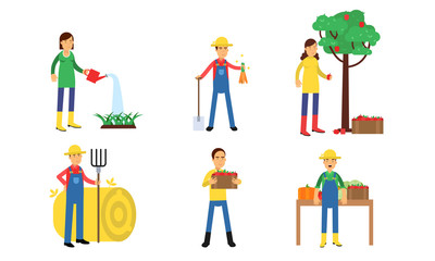 Fototapeta premium Characters Of Men And Women Are Working On A Farm Or In A Vegetable Garden In Agricultural Concept Illustration Set