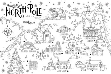 Fantasy map of the North Pole, showing the home and toy factory of Santa Claus, reindeer stables, elf village etc. - vintage Christmas greeting card template - 297985764